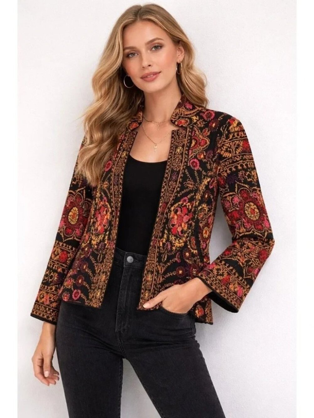 Anthropologie Moth Black Autumn Fall Floral Sweater Blazer Size XS